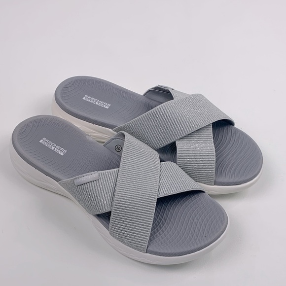 Skechers Goga Mat Silver Gray Cross Strap Slide Sandals Size 10 Cushioned - Picture 1 of 13